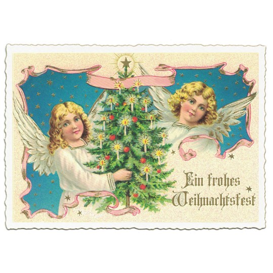 Angels with Candlelit Tree Christmas Postcard ~ Germany
