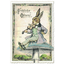Bunny on a Blue Mushroom Easter Postcard ~ Germany
