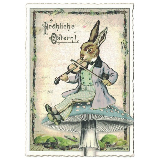 Bunny on a Blue Mushroom Easter Postcard ~ Germany