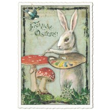 Bunny Painting Mushrooms Easter Postcard ~ Germany