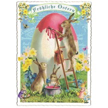 Bunnies Painting a Large Egg Easter Postcard ~ Germany