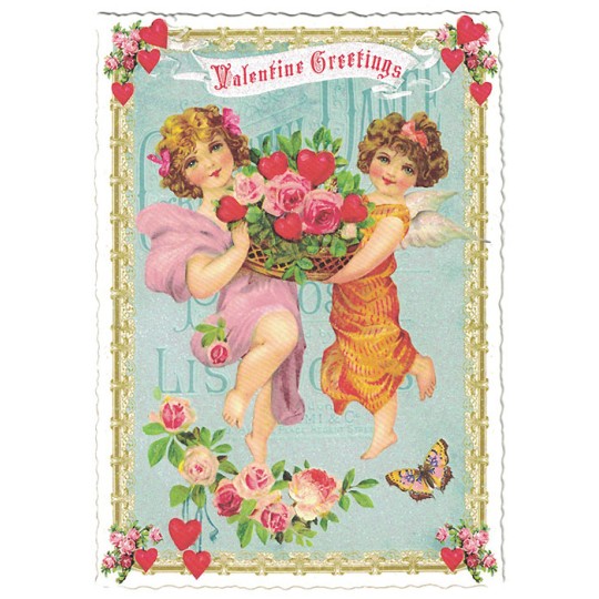 Cherubs with Flower Basket Valentine Postcard ~ Germany