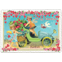 Cherubs with Car Valentine Postcard ~ Germany