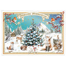 Snowy Tree with Animals Christmas Postcard ~ Germany