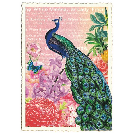 Peacock and Flowers Glittered Postcard ~ Germany