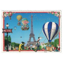 Hot Air Balloon Eiffel Tower Paris Collage Postcard ~ Germany