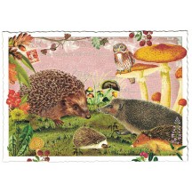 Autumn Hedgehogs Glittered Postcard ~ Germany