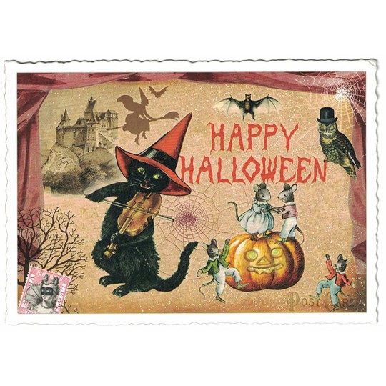 Black Cat Halloween Glittered Postcard ~ Germany