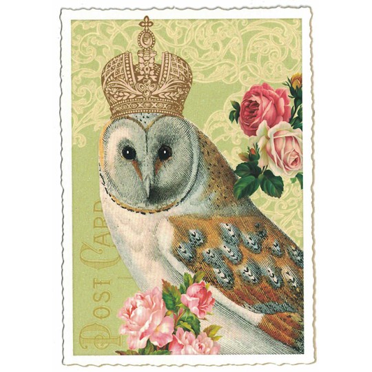 Owl and Roses Glittered Postcard ~ Germany