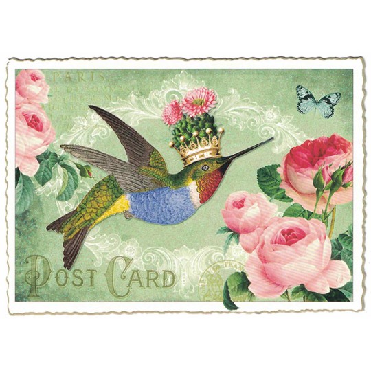 Hummingbird and Roses Glittered Postcard ~ Germany