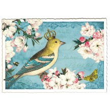 Bird and Blossom Collage Blue Postcard ~ Germany