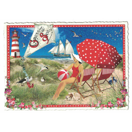 Red Umbrella Greetings From the Sea Beach Postcard ~ Germany