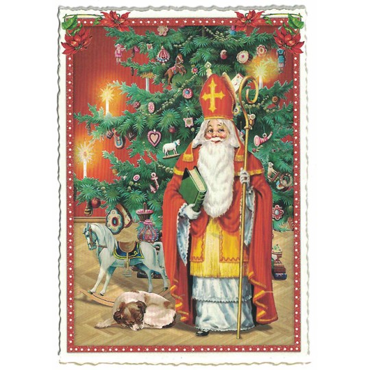 Colorful Santa with Christmas Tree Postcard ~ Germany