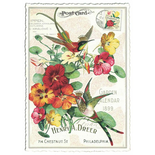 Hummingbirds and Nasturtiums Glittered Postcard ~ Germany