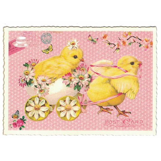 Easter Chicks Egg Cart Pink Postcard ~ Germany