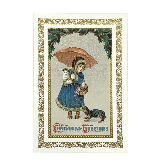 Christmas Girl and Animals Gold Foil Postcard ~ Rossi Italy