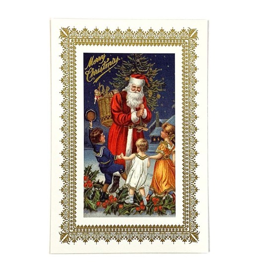 Santa with Children Gold Foil Christmas Postcard ~ Rossi Italy