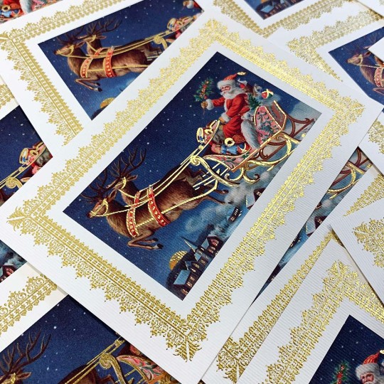 Santa's Sleigh Gold Foil Christmas Postcard ~ Rossi Italy