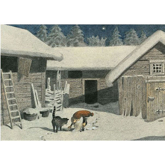 Tomte Feeds Cat Christmas Postcard ~ Sweden