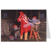 Tomte Gnomes Painting a Dala Horse Christmas Card ~ Sweden
