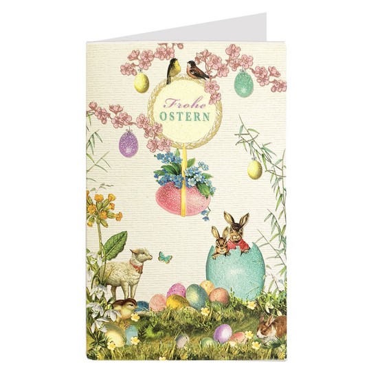 Whimsical Easter Scene with Colorful Eggs Glittered Easter Card ~ Germany