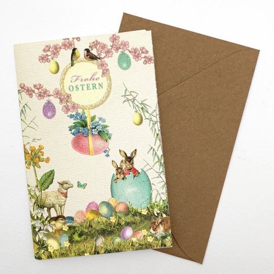 Whimsical Easter Scene with Colorful Eggs Glittered Easter Card ~ Germany
