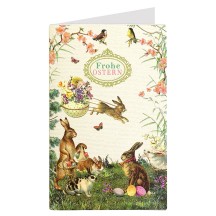 Whimsical Easter Scene with Bunnies Glittered Easter Card ~ Germany