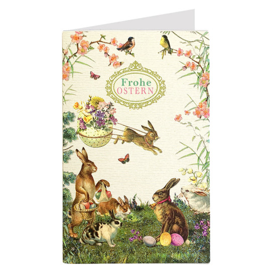 Whimsical Easter Scene with Bunnies Glittered Easter Card ~ Germany