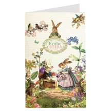 Whimsical Easter Scene with Fancy Bunnies Glittered Easter Card ~ Germany