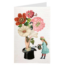 Whimsical Girl Watering a Blooming Top Hat Glittered Card ~ Germany