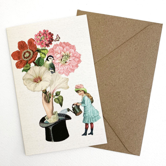 Whimsical Girl Watering a Blooming Top Hat Glittered Card ~ Germany