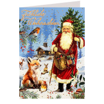 Santa with Fox Glittered Christmas Card ~ Germany