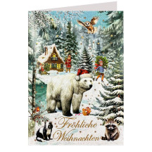 Polar Bear and Animals Glittered Christmas Card ~ Germany