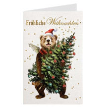 Whimsical Christmas Bear with Tree Glittered Christmas Card ~ Germany