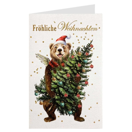 Whimsical Christmas Bear with Tree Glittered Christmas Card ~ Germany