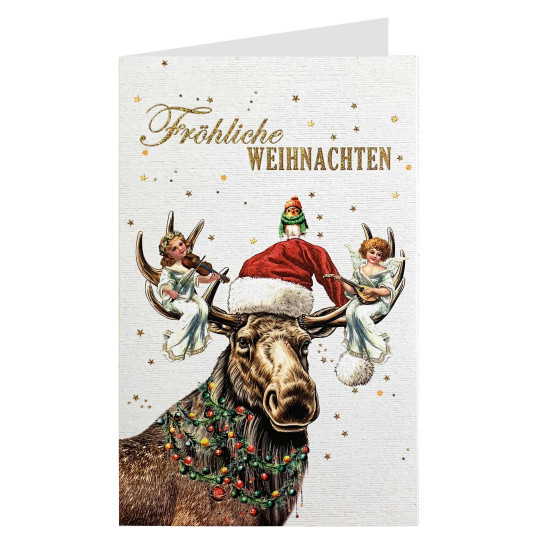 Whimsical Christmas Moose with Musical Angels Glittered Christmas Card ~ Germany