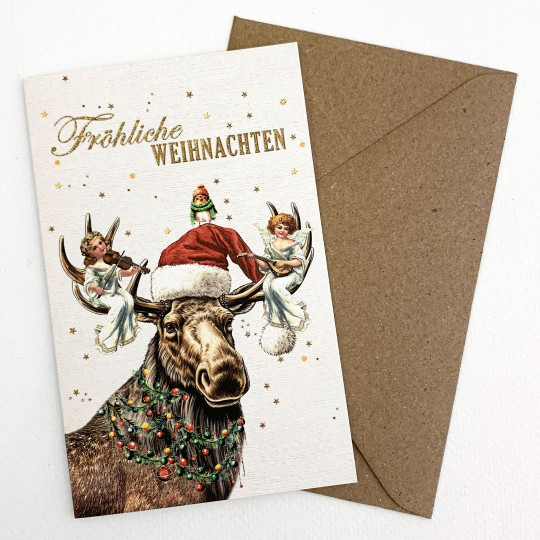 Whimsical Christmas Moose with Musical Angels Glittered Christmas Card ~ Germany