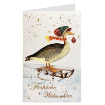 Whimsical Christmas Goose with Sled Glittered Christmas Card ~ Germany