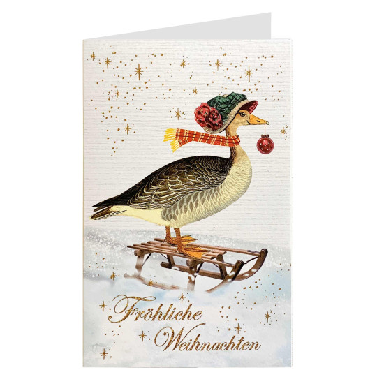 Whimsical Christmas Goose with Sled Glittered Christmas Card ~ Germany
