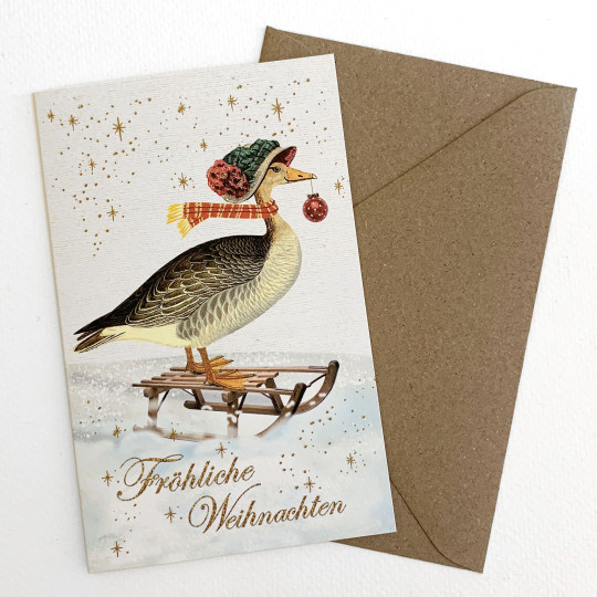 Whimsical Christmas Goose with Sled Glittered Christmas Card ~ Germany