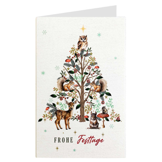 Whimsical Woodland Animals Tree Glittered Christmas Card ~ Germany