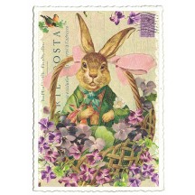 Bunny Basket Glittered Easter Postcard ~ Germany