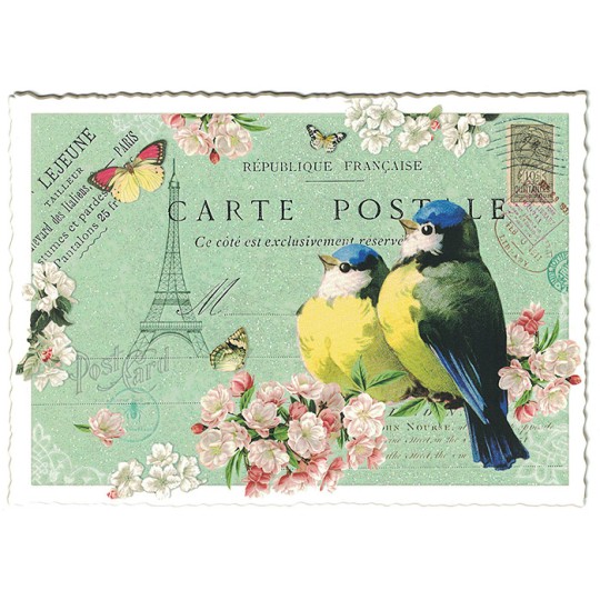 Paris Bird Collage Glittered Postcard ~ Germany
