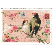Pink Roses Bird Collage Glittered Postcard ~ Germany