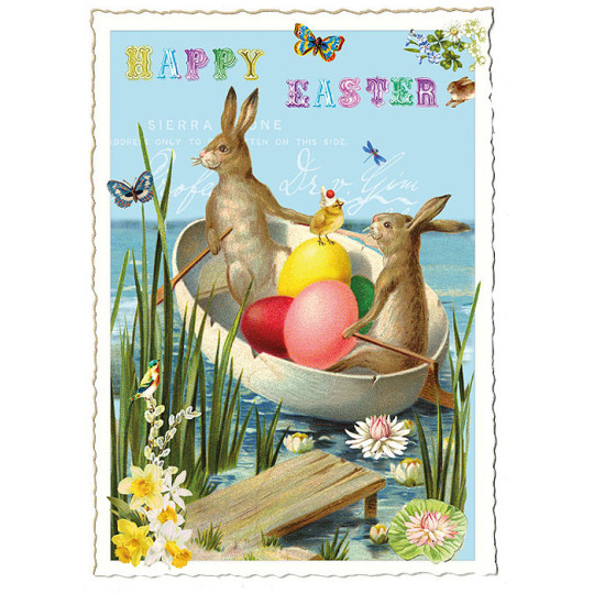 Bunnies Egg Rowboat Easter Postcard ~ Germany