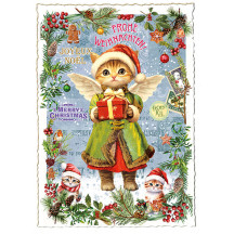 Christmas Angel Cat with Gift Christmas Postcard ~ Germany