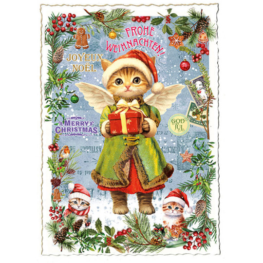 Christmas Angel Cat with Gift Christmas Postcard ~ Germany