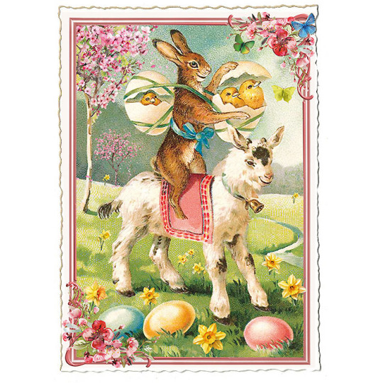 Bunny with Goat Easter Postcard ~ Germany