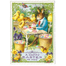 Bunny Painting Eggs with Chicks Easter Postcard ~ Germany