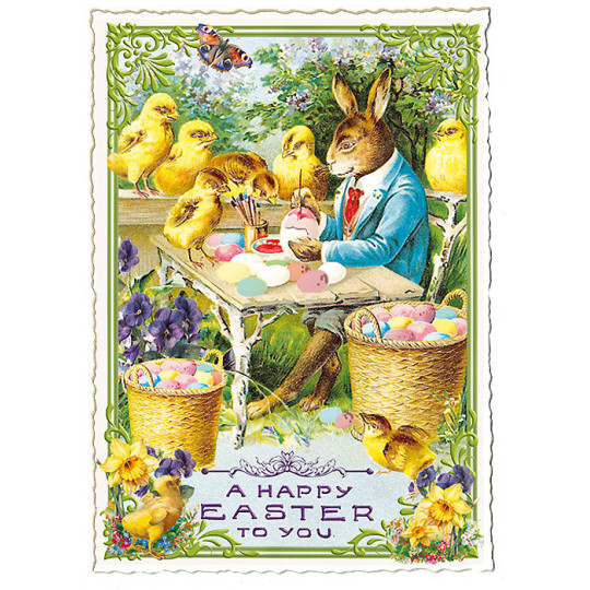 Bunny Painting Eggs with Chicks Easter Postcard ~ Germany